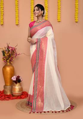 off white cotton blend handloom saree with running blouse piece  2