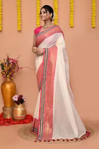 off white cotton blend handloom saree with running blouse piece 