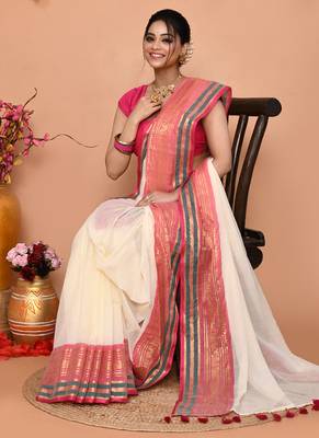 off white cotton blend handloom saree with running blouse piece  3