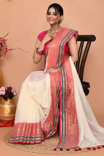 off white cotton blend handloom saree with running blouse piece 