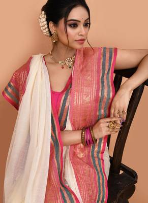 off white cotton blend handloom saree with running blouse piece  4