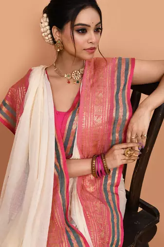 off white cotton blend handloom saree with running blouse piece 