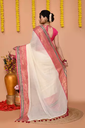off white cotton blend handloom saree with running blouse piece 