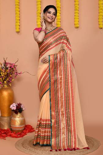 deep beige cotton blend handloom saree with running blouse piece 