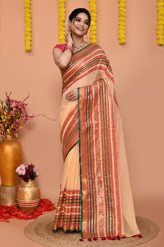 deep beige cotton blend handloom saree with running blouse piece 