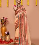 deep beige cotton blend handloom saree with running blouse piece 