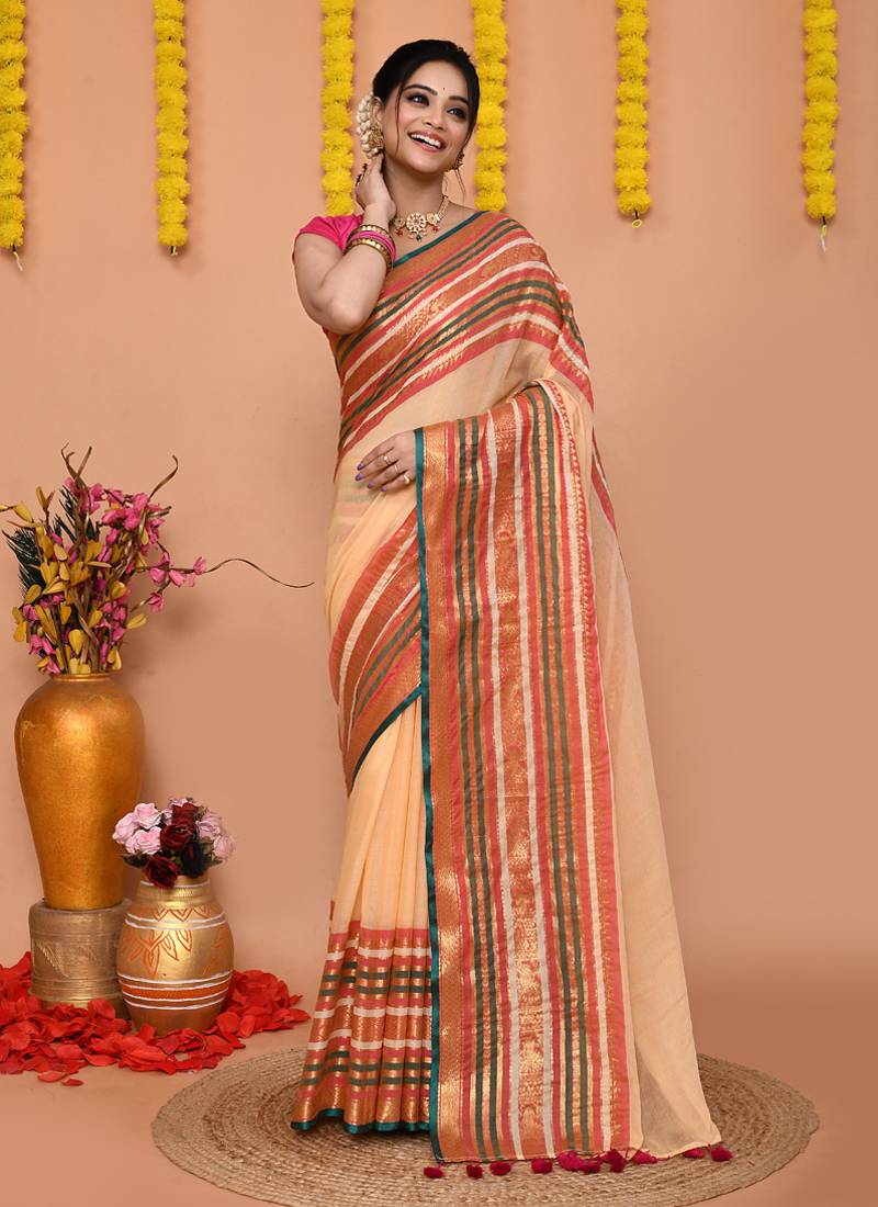 deep beige cotton blend handloom saree with running blouse piece 