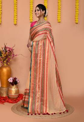deep beige cotton blend handloom saree with running blouse piece  2