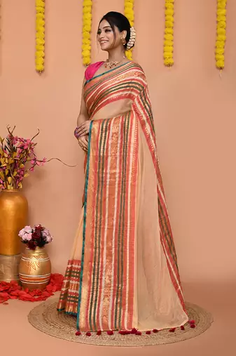 deep beige cotton blend handloom saree with running blouse piece 