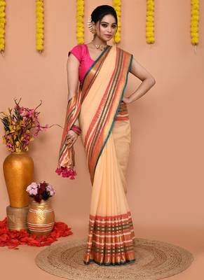 deep beige cotton blend handloom saree with running blouse piece  3