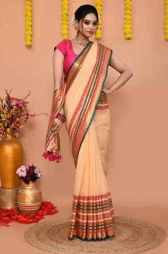 deep beige cotton blend handloom saree with running blouse piece 