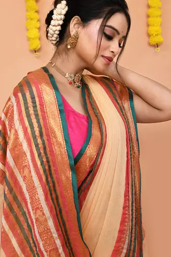 deep beige cotton blend handloom saree with running blouse piece 