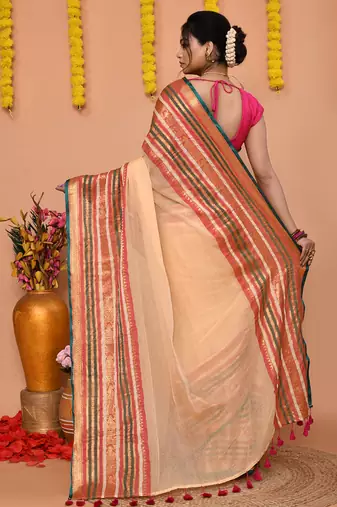 deep beige cotton blend handloom saree with running blouse piece 