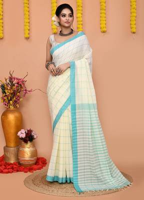 off white cotton blend check handloom saree with running blouse piece  1