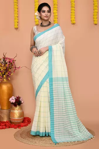 off white cotton blend check handloom saree with running blouse piece 