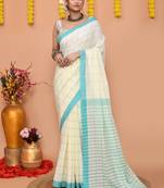 off white cotton blend check handloom saree with running blouse piece 