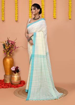 off white cotton blend check handloom saree with running blouse piece  2