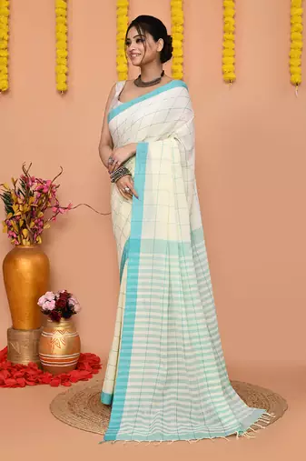 off white cotton blend check handloom saree with running blouse piece 