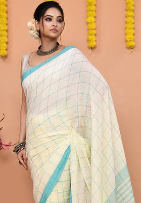 off white cotton blend check handloom saree with running blouse piece  3