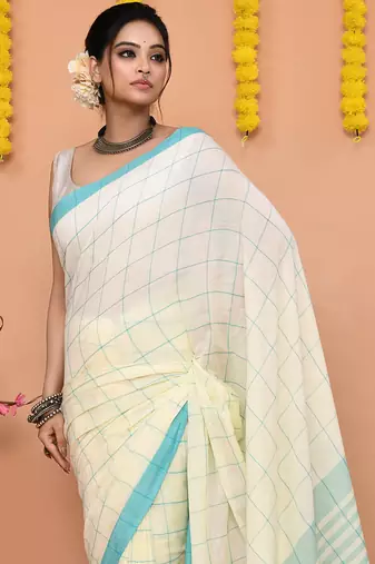 off white cotton blend check handloom saree with running blouse piece 