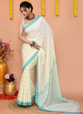 off white cotton blend check handloom saree with running blouse piece  4
