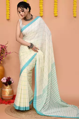 off white cotton blend check handloom saree with running blouse piece 