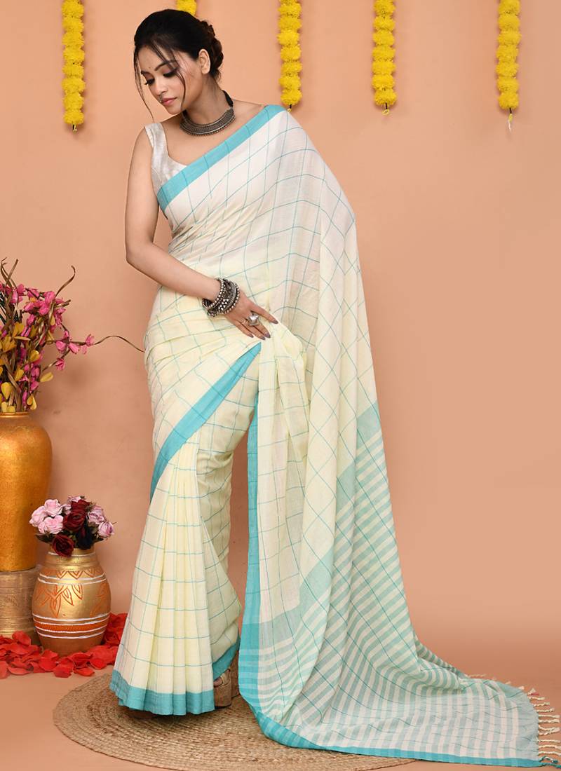 off white cotton blend check handloom saree with running blouse piece 
