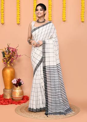 off white cotton blend check handloom saree with running blouse piece  1