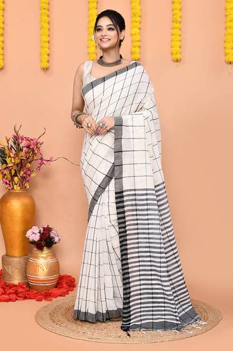 off white cotton blend check handloom saree with running blouse piece 