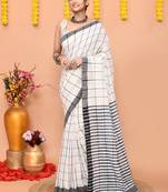 off white cotton blend check handloom saree with running blouse piece 