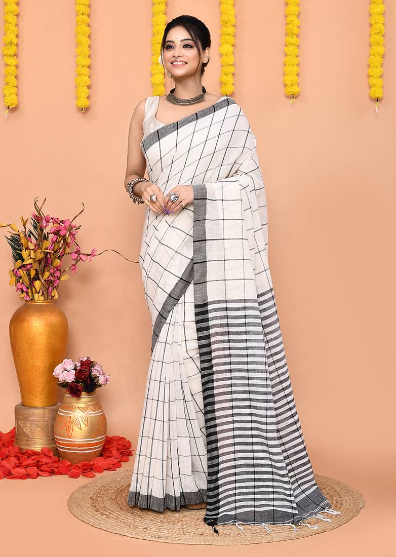 off white cotton blend check handloom saree with running blouse piece 