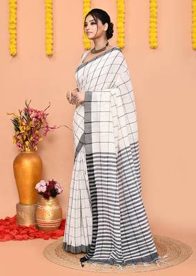 off white cotton blend check handloom saree with running blouse piece  2
