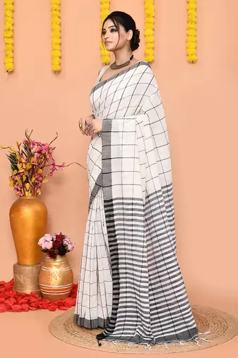 off white cotton blend check handloom saree with running blouse piece 