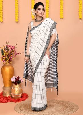 off white cotton blend check handloom saree with running blouse piece  3