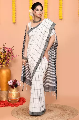 off white cotton blend check handloom saree with running blouse piece 