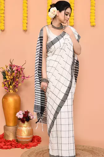 off white cotton blend check handloom saree with running blouse piece 