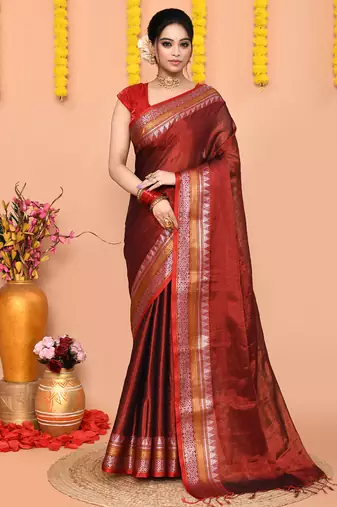 maroon organic tissue saree with running blouse piece 