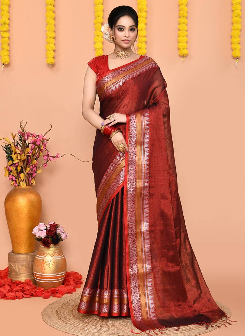 maroon organic tissue saree with running blouse piece 