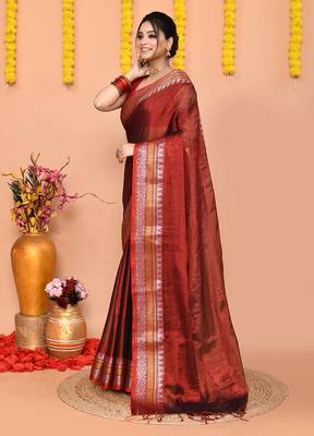 maroon organic tissue saree with running blouse piece  2