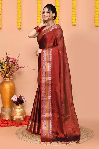 maroon organic tissue saree with running blouse piece 
