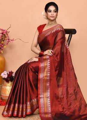 maroon organic tissue saree with running blouse piece  3