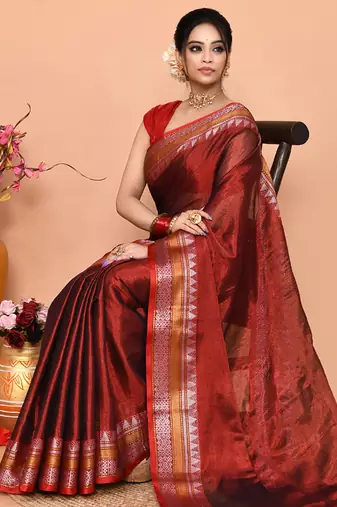maroon organic tissue saree with running blouse piece 
