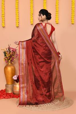 maroon organic tissue saree with running blouse piece  4