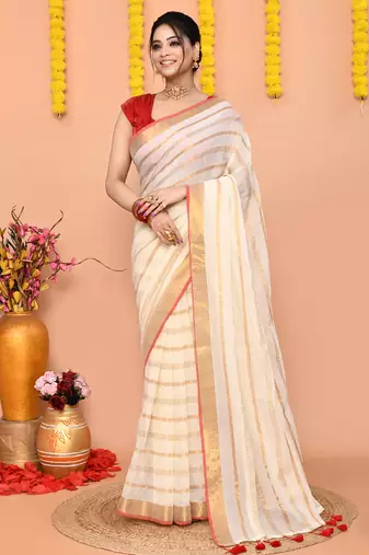 off white cotton blend handloom saree without blouse