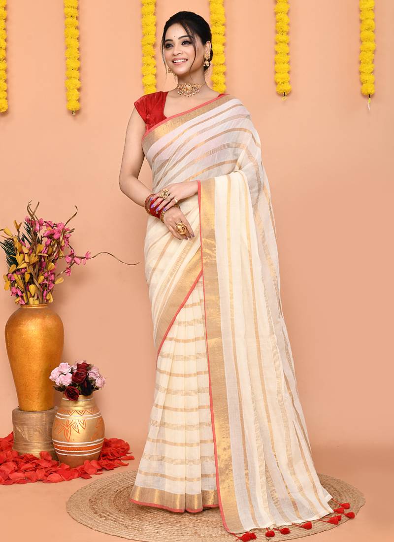 off white cotton blend handloom saree without blouse
