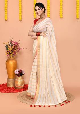 off white cotton blend handloom saree without blouse 2