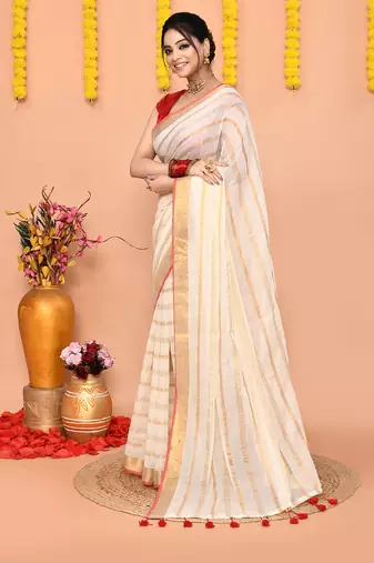 off white cotton blend handloom saree without blouse