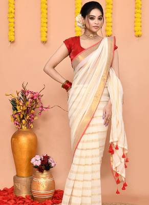 off white cotton blend handloom saree without blouse 3