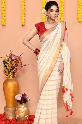 off white cotton blend handloom saree without blouse
