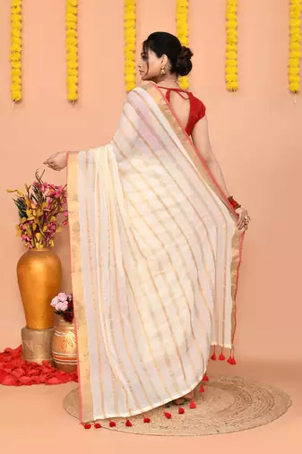 off white cotton blend handloom saree without blouse